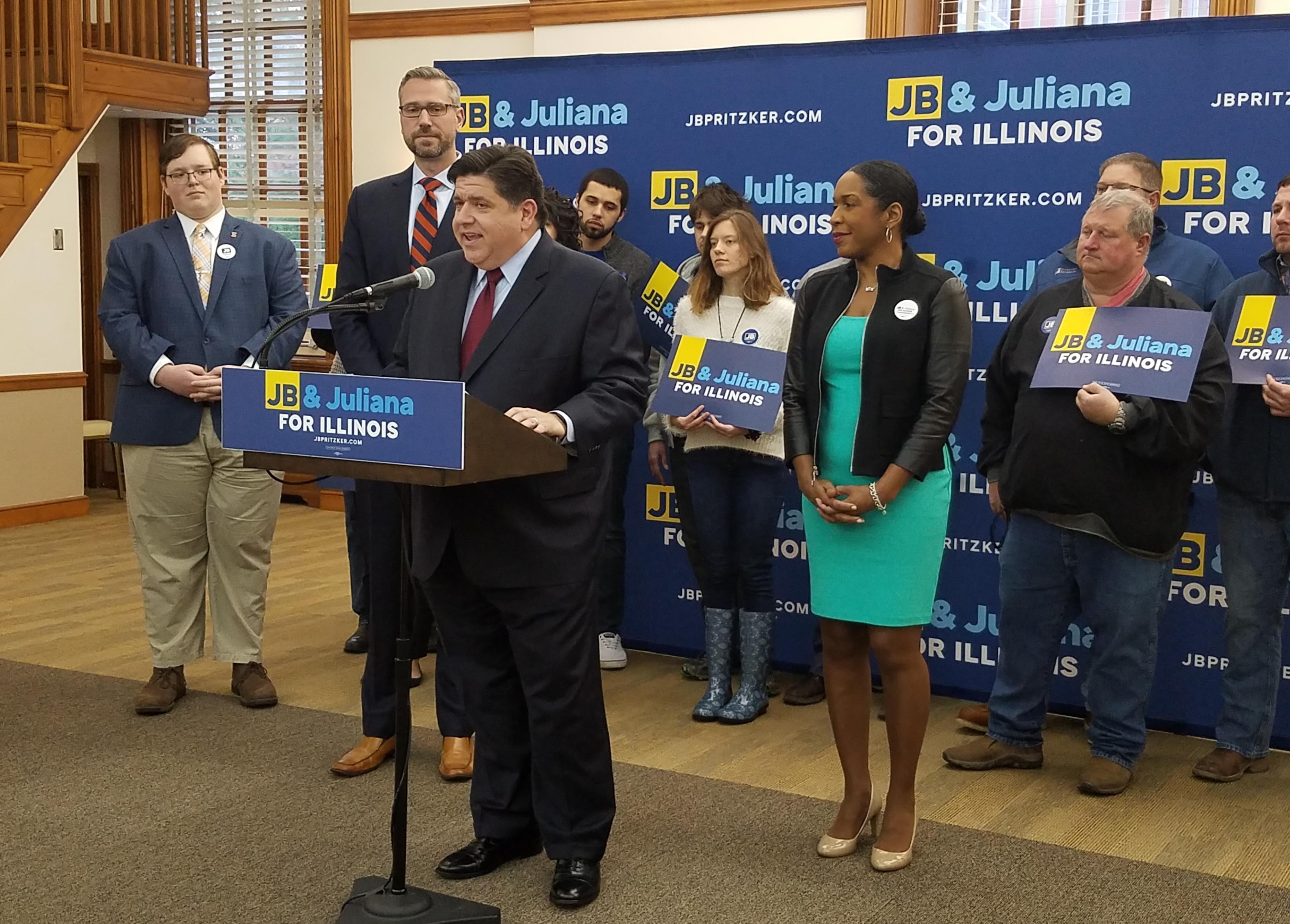 Democratic gubernatorial hopeful J.B. Pritzker campaigns at the University of Illinois with State Treasurer Mike Frerichs and running mate & St. Rep. Juliana Stratton