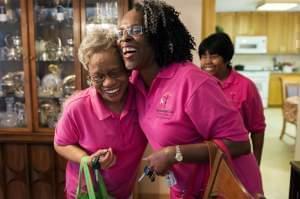 Ella Jones, left, and Diane Stevenson hug goodbye after a meeting of the Breakfast Club, a group that offers support and friendship to women diagnosed with breast cancer.
