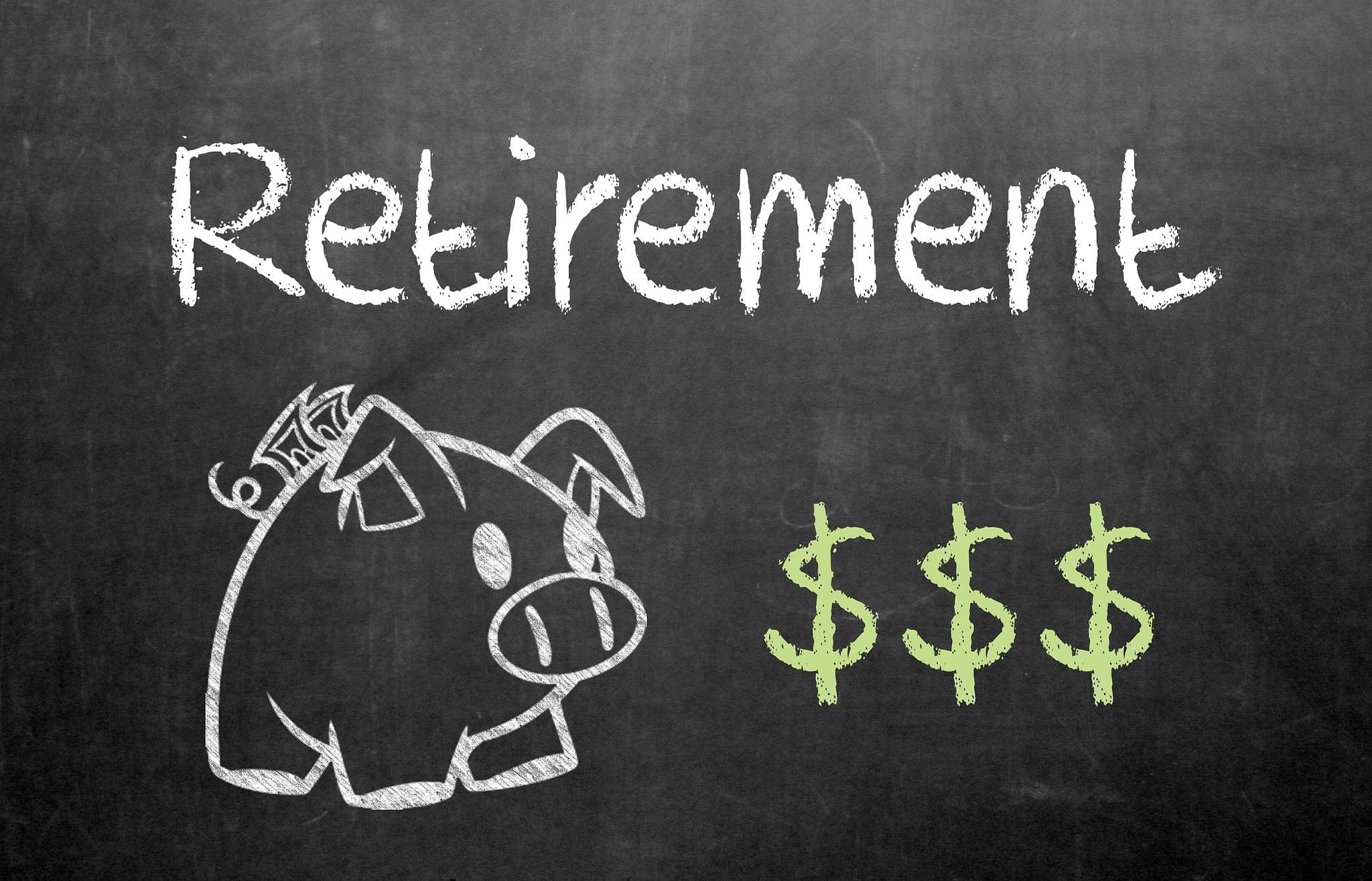 Illustration of piggy bank and dollar signs with the word retirement.