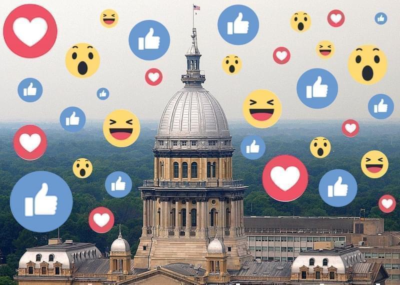 Illustration of state capitol with Facebook emojis.