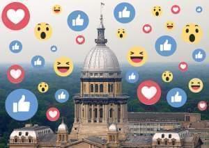 Illustration of state capitol with Facebook emojis.