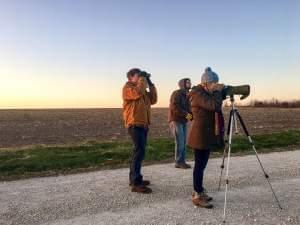 Three people dressed for cold stand on a gravel road through a bare winter field looking into the distance through binoculars and a spotting scope.