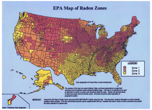 An EPA map showing Radon zones in the U.S.