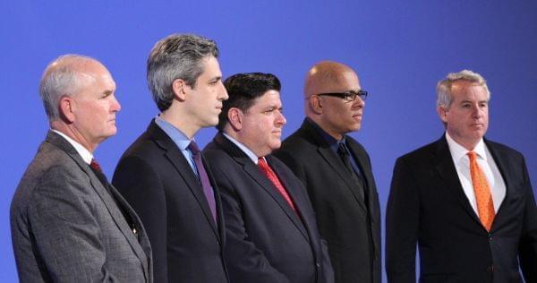 Five of the Democratic candidates for governor spoke at a forum on criminal and economic justice Saturday in Peoria. From left: Bob Daiber, state Sen. Daniel Biss, J.B. Pritzker, Tio Hardiman, and Chris Kennedy.