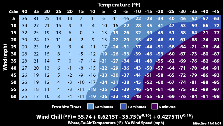 The National Weather Service Wind Chill Chart.