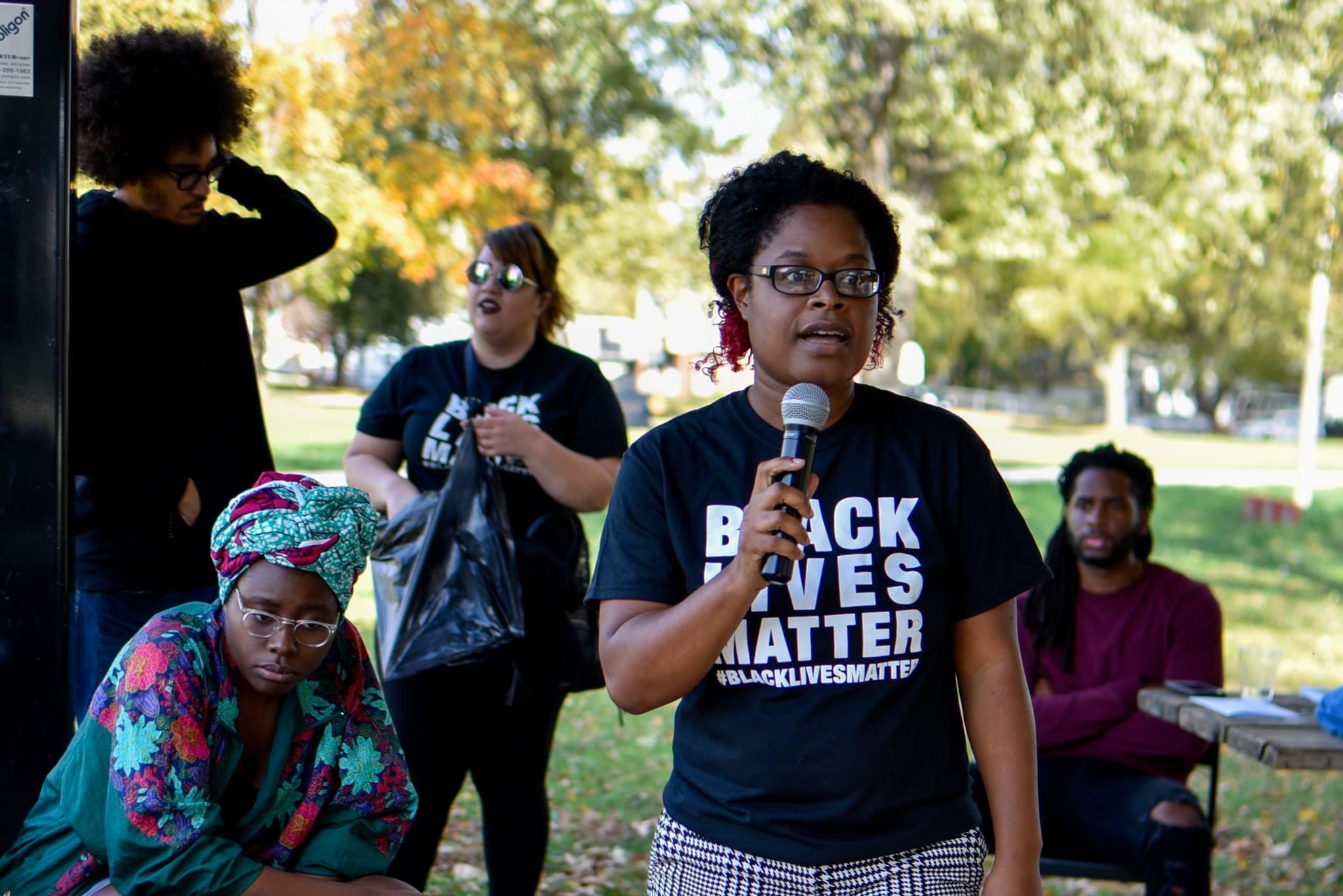Evelyn Reynolds on the mic, she's chapter leader of BLMCU.