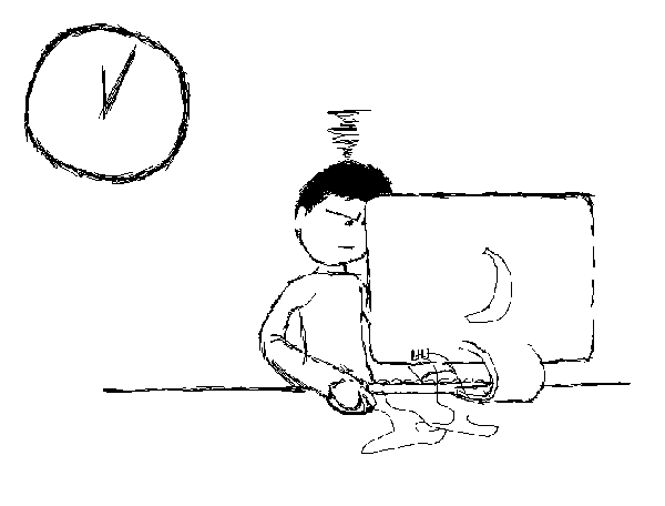 Cartoon of a student taking a test online.