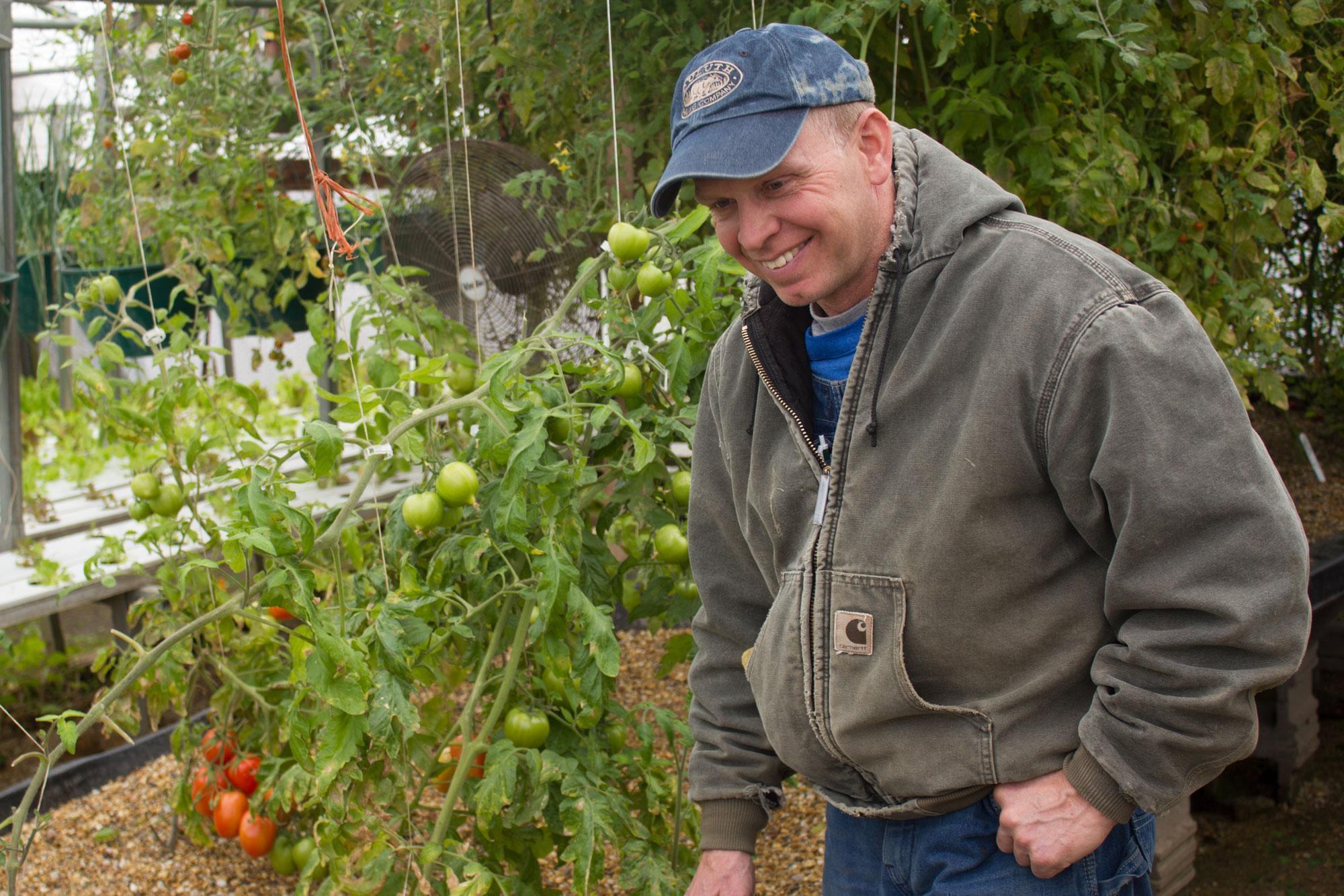 In his aquaponics greenhouse, Iowa farmer Jeff Hafner grows tomatoes, lettuce and other produce year-round, though he has to adjust the varieties as the indoor temperature and humidity change.