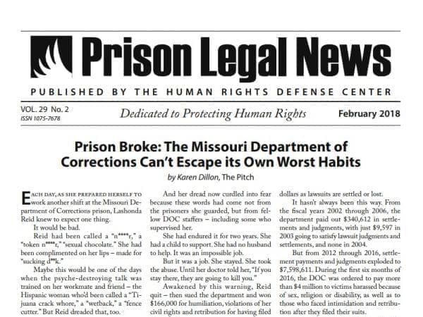 Screenshot of front page of Prison Legal News