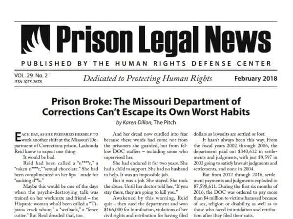 Screenshot of front page of Prison Legal News