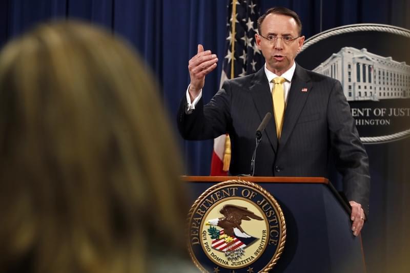Deputy Attorney General Rod Rosenstein answers a question after announcing that the office of special counsel Robert Mueller announced a grand jury has charged 13 Russian nationals and several Russian entities, Friday, Feb. 16, 2018, in Washington. 
