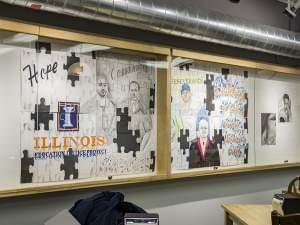 Five inmates at the Danville Correction Center created a mural composed of eight parts featuring the portraits of respected alums of the DCC's college in prison program, the Education Justice Program. The artists behind the piece are also enroll