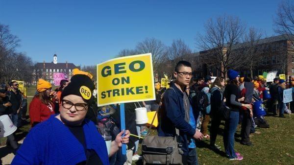 Hundreds of graduate student workers at the University of Illinois Urbana-Champaign campus rallied Feb. 26.