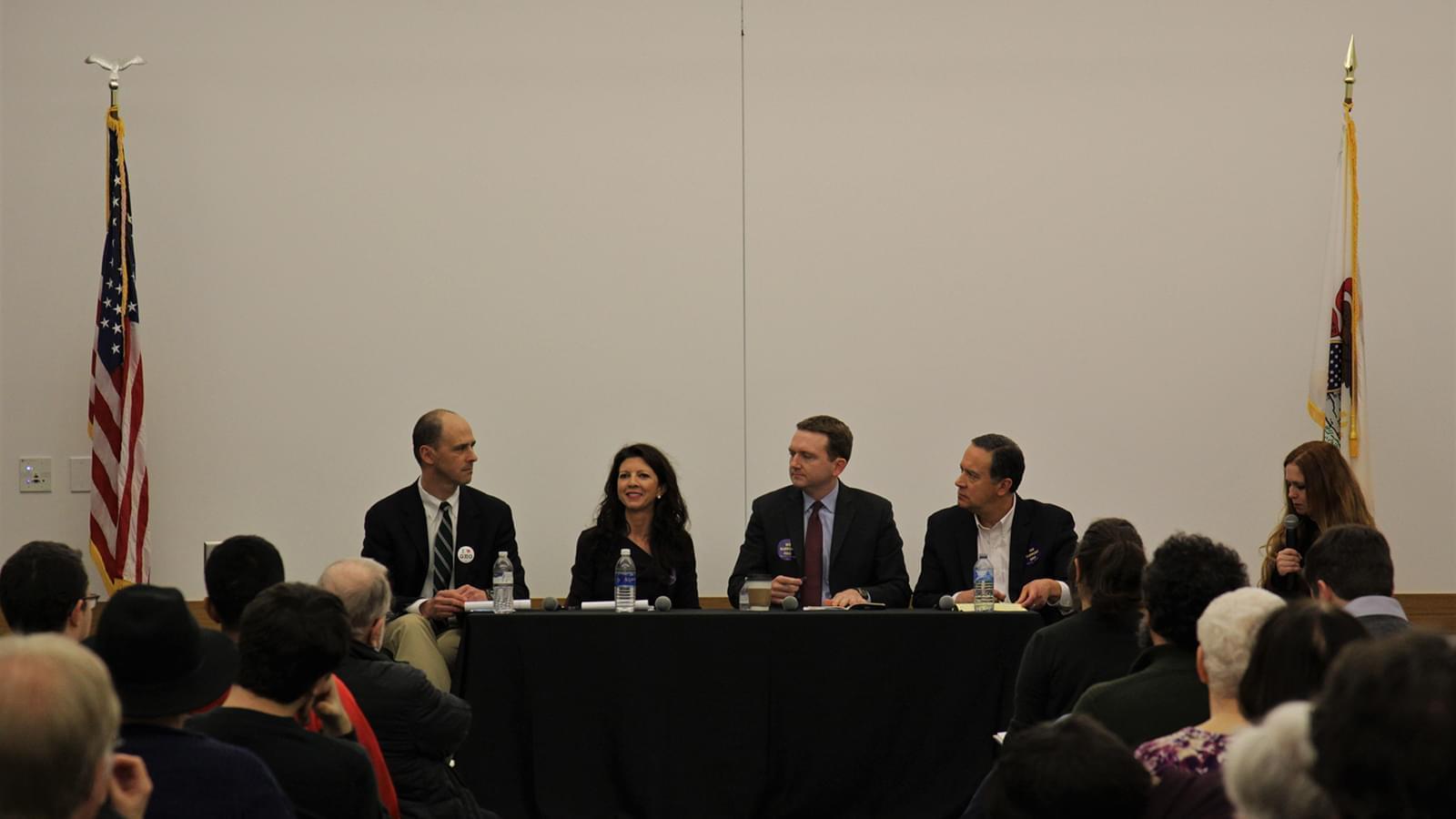 From left to right, candidates Jon Ebel, Betsy Dirksen Londigran, Erik Jones, and moderator Elizabeth Hess at a 13th Congressional District Democratic candidate forum on immigration on foreign policy.