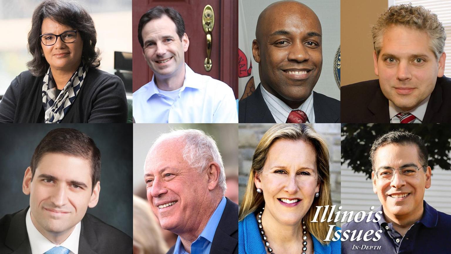 Democratic candidates for Attorney General. From left to right: Sharon Fairley, state Rep. Scott Drury, state Sen. Kwame Raoul, Aaron Goldstein, Renato Mariotti, former Gov. Pat Quinn, Nancy Rotering and Jessie Ruiz.