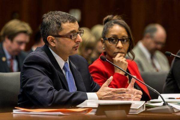 Director of the Illinois Department of Public Health Nirav Shah answers questions from the House and Senate's Committees on Veterans Affairs March 5, 2018 during a legislative hearing about Legionnaires' disease at Quincy Veterans Home.