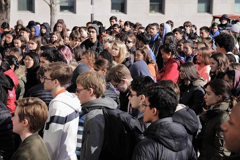Students at the University of Illinois Laboratory High School participate in a nation wide school walk-out day to remember those killed in a mass shooting at a high school in Parkland, Florida last month. Students are also calling for more gun contro