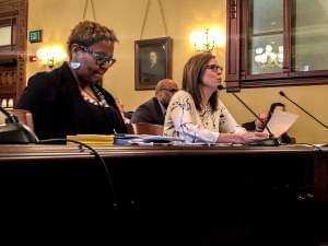 Khadine Bennett, associate legislative director for the ACLU of Illinois (left) and state Rep. Ann Williams (D- Chicago), present the net neutrality bill at the House Cybersecurity, Data Analytics, & IT Committee Wed., April 11, 2018.