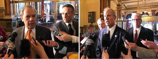 Left photo: Senate President John Cullerton on Tuesday, May 8, 2018. Right photo: Gov. Rauner, flanked by GOP leaders, Bill Brady and Jim Durkin on Tuesday, May 8, 2018. 