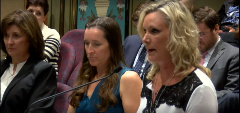 Sarah Powers-Barnhard (left) and Julie Romias (center) testify at the Senate hearing.