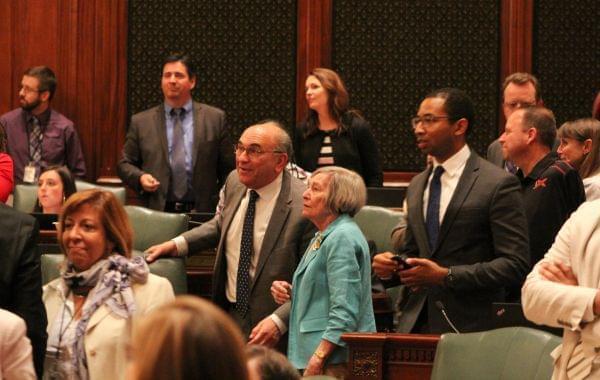 State Rep. Lou Lang and Majority Leader Rep. Barbara Flynn Currie watch the roll call verification as the Illinois House passes the ERA.