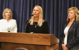 Maryann Loncar (center) claims state Rep. Lou Lang (D-Skokie) inappropriately touched her and threatened her. Denise Rotheimer (left) and Rep. Jeanne Ives (right).