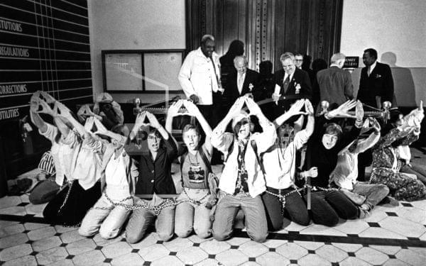 A group of feminists chained themselves together outside the Illinois Senate chambers in Springfield, Ill., to show support for the ratification of the ERA in June 1982.