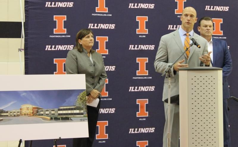 Nancy Fahey, Josh Whitman, and Brad Underwood (left to right) announce a planned $30 million renovation and expansion of the Ubben Basketball Practice Facility on Monday.