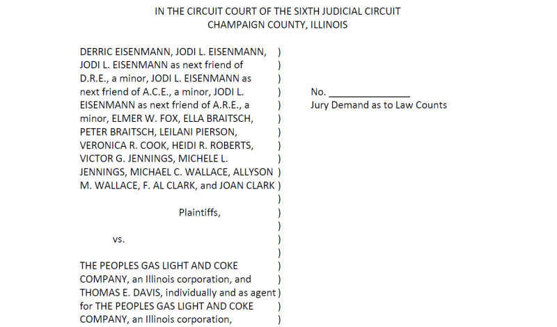Front page of the complaint against Peoples Gas filed in Champaign County Circuit Court.