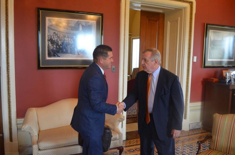 US Senator Dick Durbin (D-Illinois) meets with Republcian state Senator Kyle McCarter, from downstate Lebanon, at his office in Washington, D.C. on June 13.
