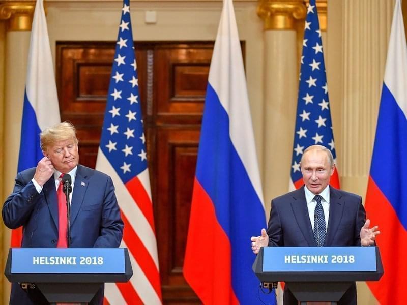 Presidents Trump and Vladimir Putin hold a joint news conference after a meeting at the Presidential Palace in Helsinki on Monday. 