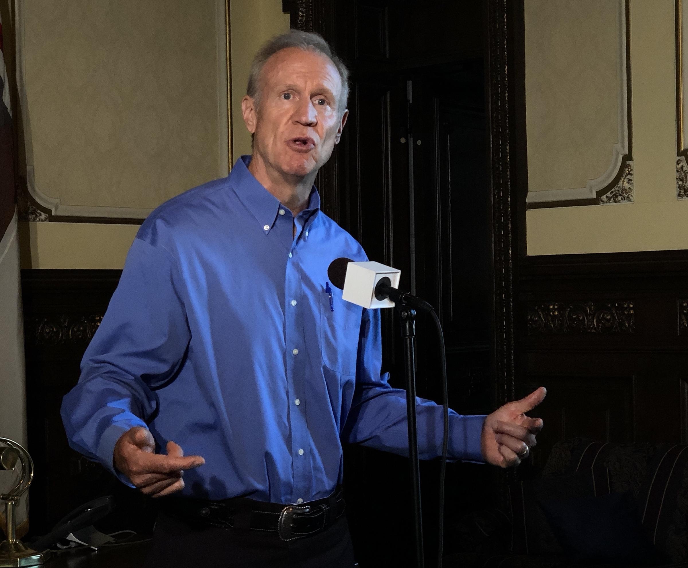 Gov. Bruce Rauner speaks with reporters Tuesday, July 17, 2018 in his ceremonial office at the Illinois Statehosue.