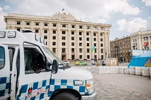 The building is the main administrative building for the Kharkiv area which has been the target of Russian attacks with much of the interior of the building destroyed.