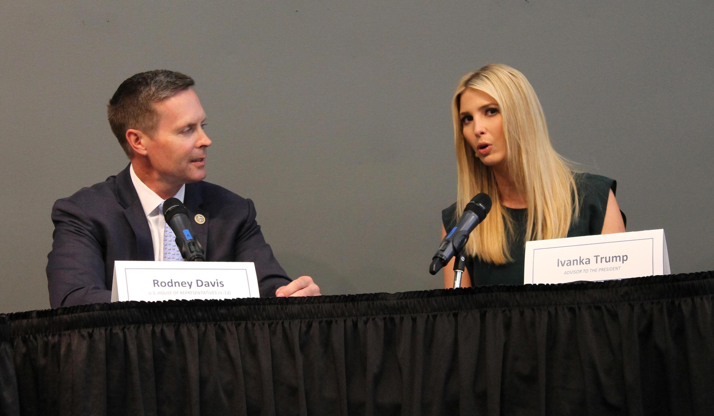 Illinois Republican Congressman Rodney Davis, left, and Ivanka Trump discuss workforce development in Godfrey.