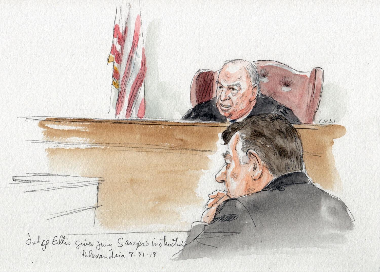 Judge T.S. Ellis III gives jury instructions in front of tax fraud defendant Paul Manafort on Tuesday.