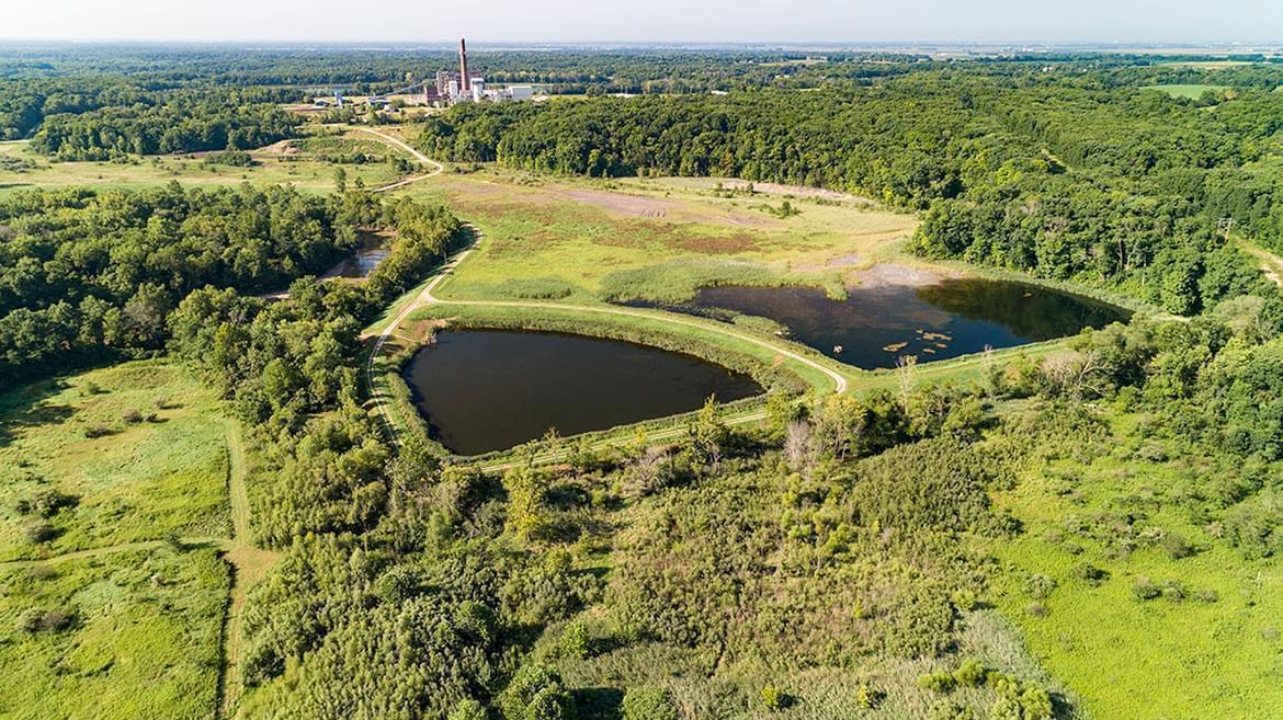 A view of the Vermilion Power Station, the coal ash ponds, and the Middle Fork River