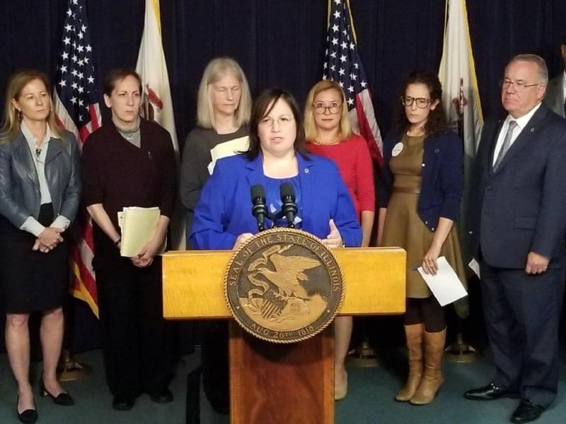 Sen. Cristina Castro (D-Elgin) is joined by lawmakers and advocates to push for an override of Gov. Rauner's veto on the Wage Equity bill -- Monday, September 24, 2018.