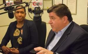 Democratic candidate for governor JB Pritzker in the WGLT studio with his running mate, Juliana Stratton, on Wednesday, Sept. 26, 2018.