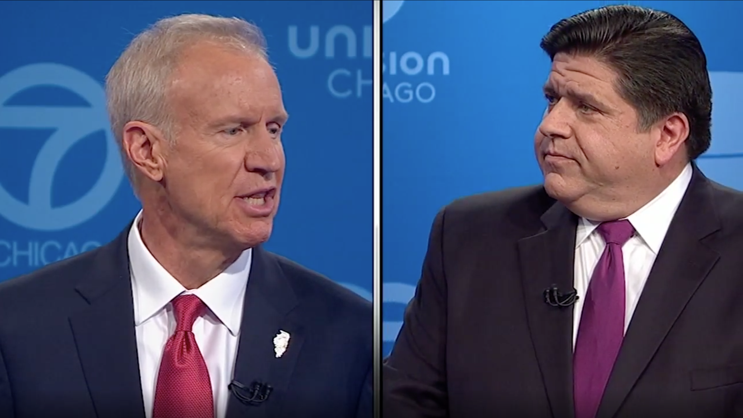Republican Gov. Bruce Rauner, left, and Democrat J.B. Pritzker during the second of three gubernatorial debates this year.