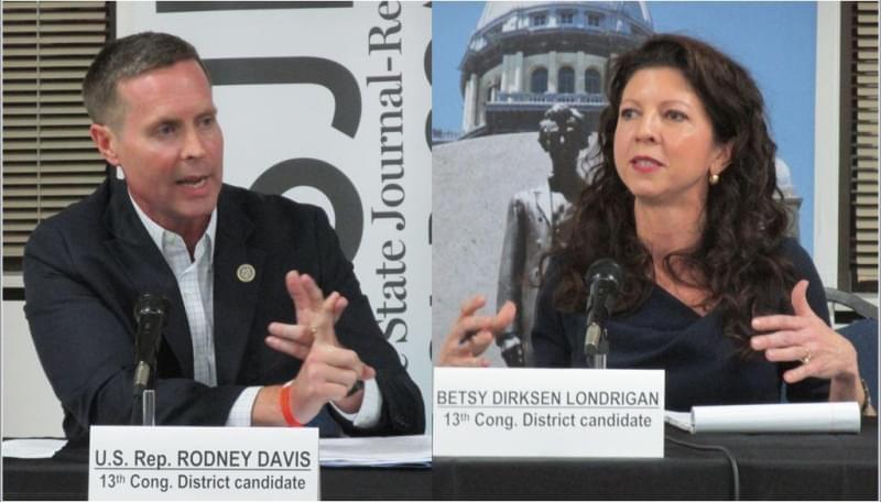 Republican Davis (left) and Democrat Dirksen Londrigan enjoyed a overall temperate exchange Monday night, but lobbed their fair share of pointed attacks at the Oct. 15 debate.