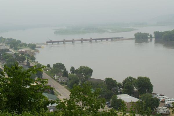Lock and Dam #12, pictured here, is in the town of Bellevue, Iowa.