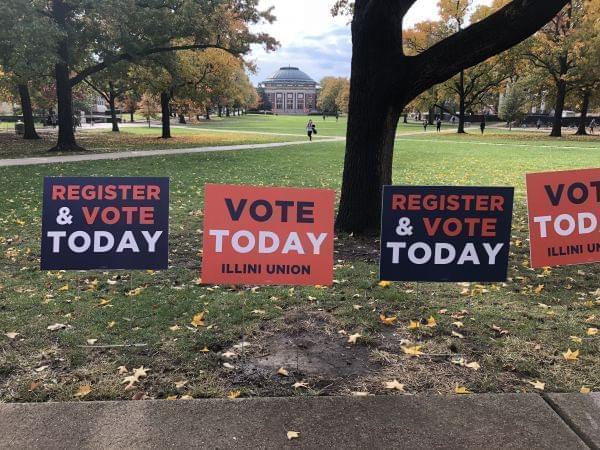 Signs outside the Illini Union for the November 2018 midterm election.