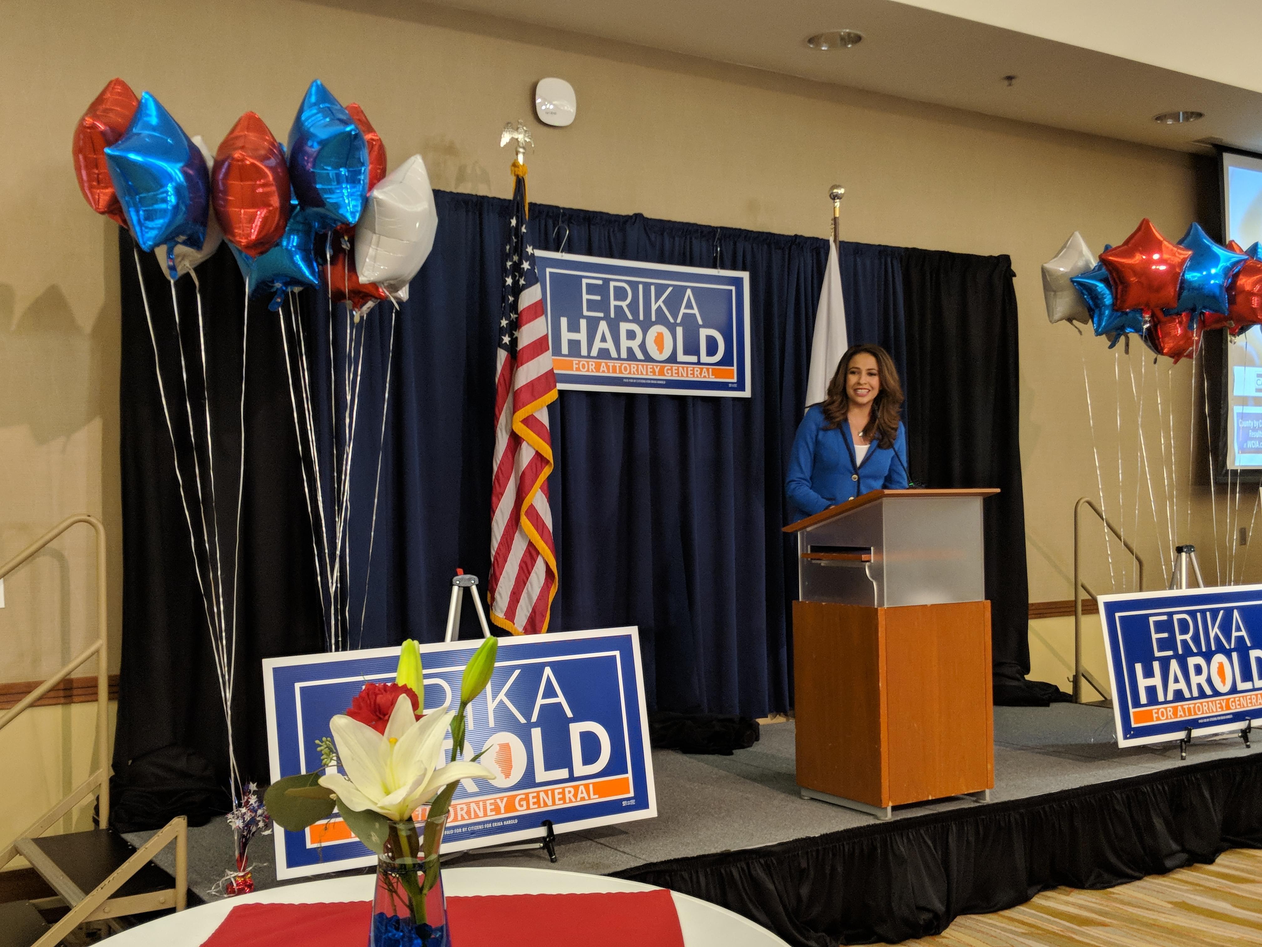 Republican Erika Harold announced she had conceded to her Democratic opponent, Kwame Raoul, in the race for Illinois Attorney General at an election night viewing party at the I-Hotel in Champaign on Tuesday, Nov. 6, 2018.