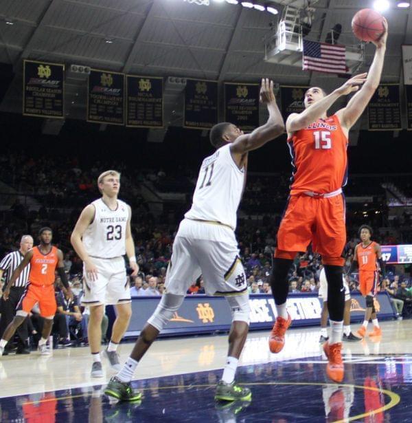 Giorgi Bezhanishvili attempts a hook shot versus Notre Dame, Tuesday in South Bend.