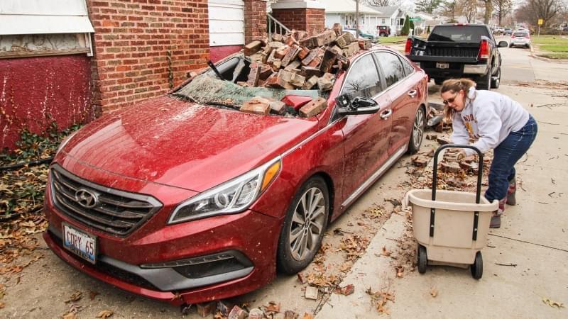 tornado-damaged car