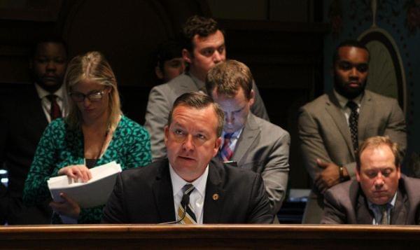 State Sen. Andy Manar (center) addressing the Senate Appropriations committee last May. The use of any state funds for a project like the one Manar proposed would have to go through that committee.