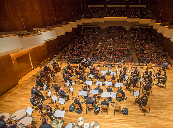 The Champaign-Urbana Symphony Orchestra performing at one of its annual youth concerts at Krannert Center for the Performing Arts.
