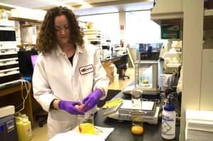 Elsie Rankin, a chemist at Kemin Industries in Des Moines, evaluates egg characteristics. The company is working on a product that could reduce the risk of African swine fever coming into the U.S. via contaminated feed.