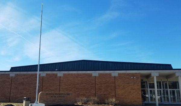 Flagpole and entrance at Paxton-Buckley-Loda High School.