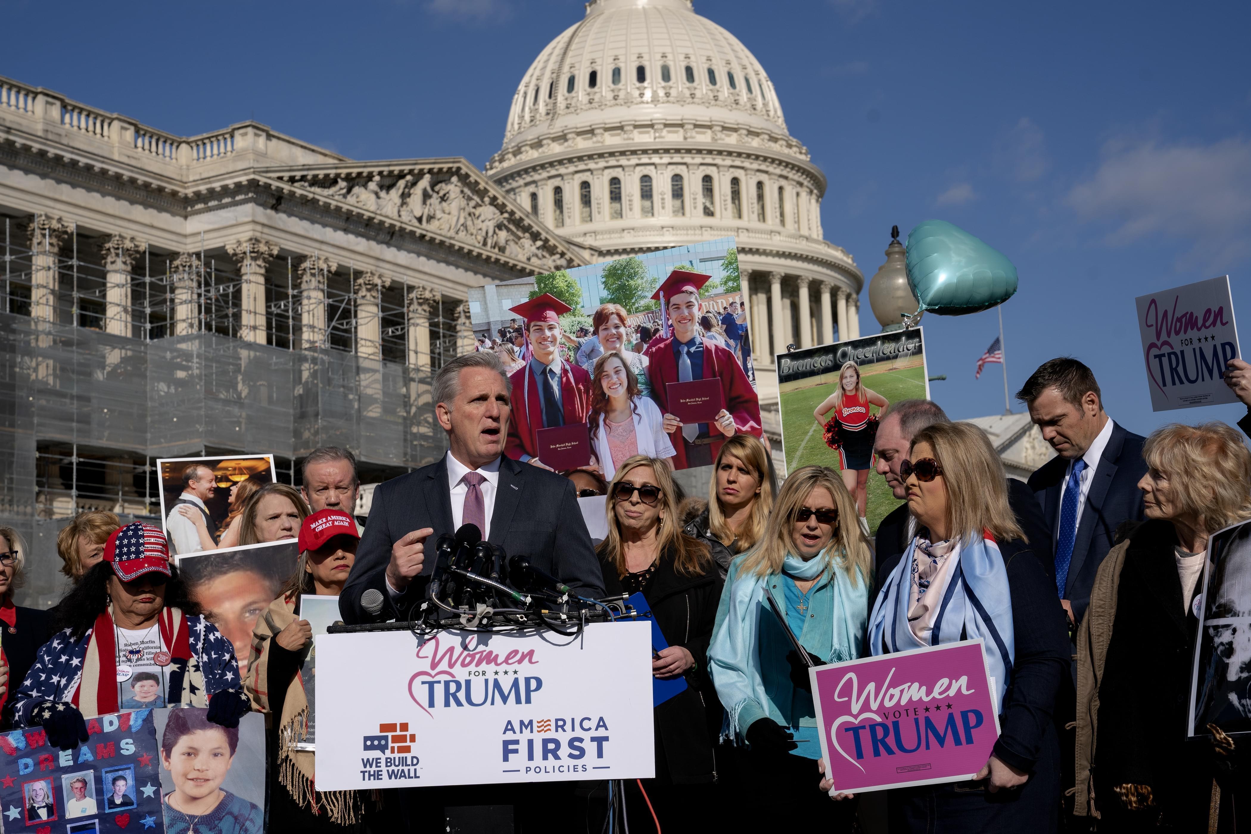 House Minority Leader Kevin McCarthy, R-Calif., joins others supporting a border wall with Mexico, at the Capitol in Washington.